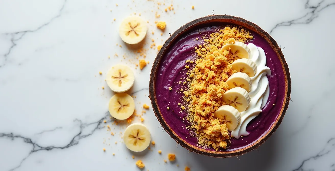 Moderne Açaí-Bowl mit brasilianischen Toppings wie Cupuaçu und Paçoca