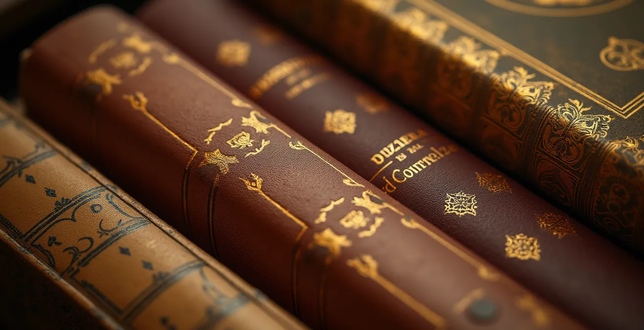 Historische Bibliothek mit goldenen Büchersäulen vom Boden bis zur Decke