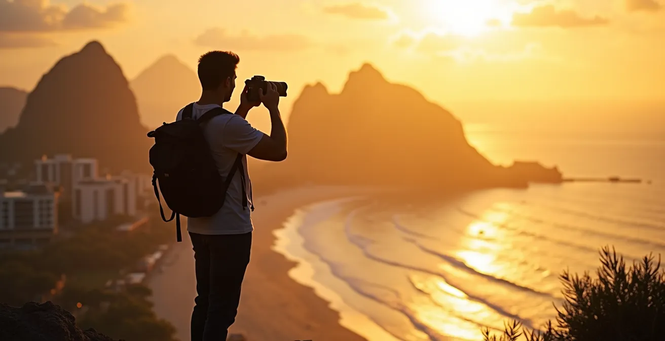 Panoramablick vom Arpoador-Felsen auf Ipanema Strand und Dois Irmãos Berge