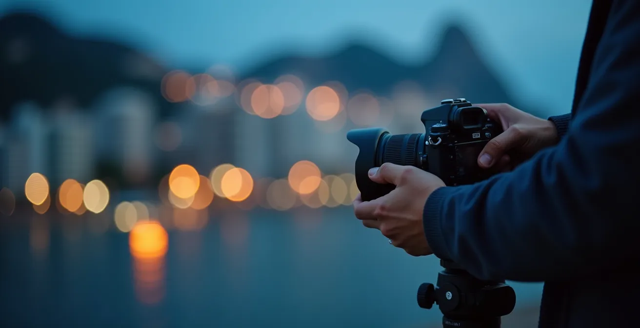 Fotograf mit Stativ fotografiert Leblon während der blauen Stunde