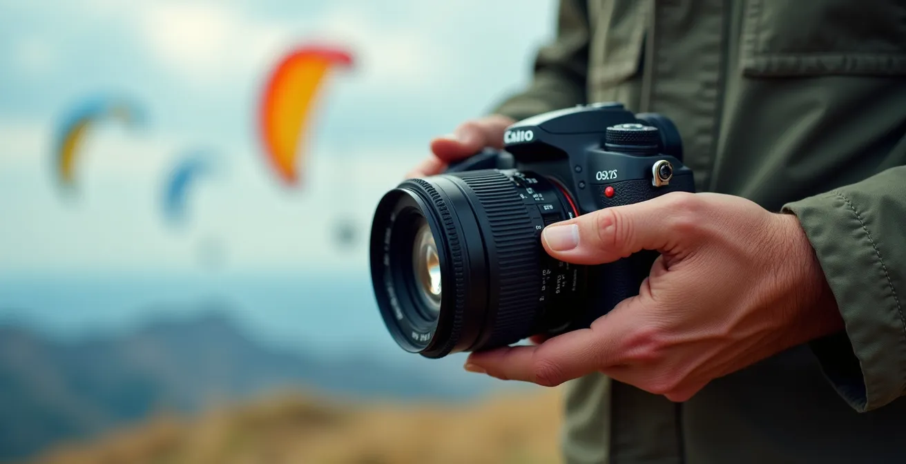 Wanderer mit Kamera beobachtet startende Gleitschirmflieger von der Rampe aus