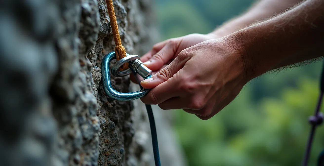 Professioneller Kletterführer zeigt Sicherungstechnik an Granitwand