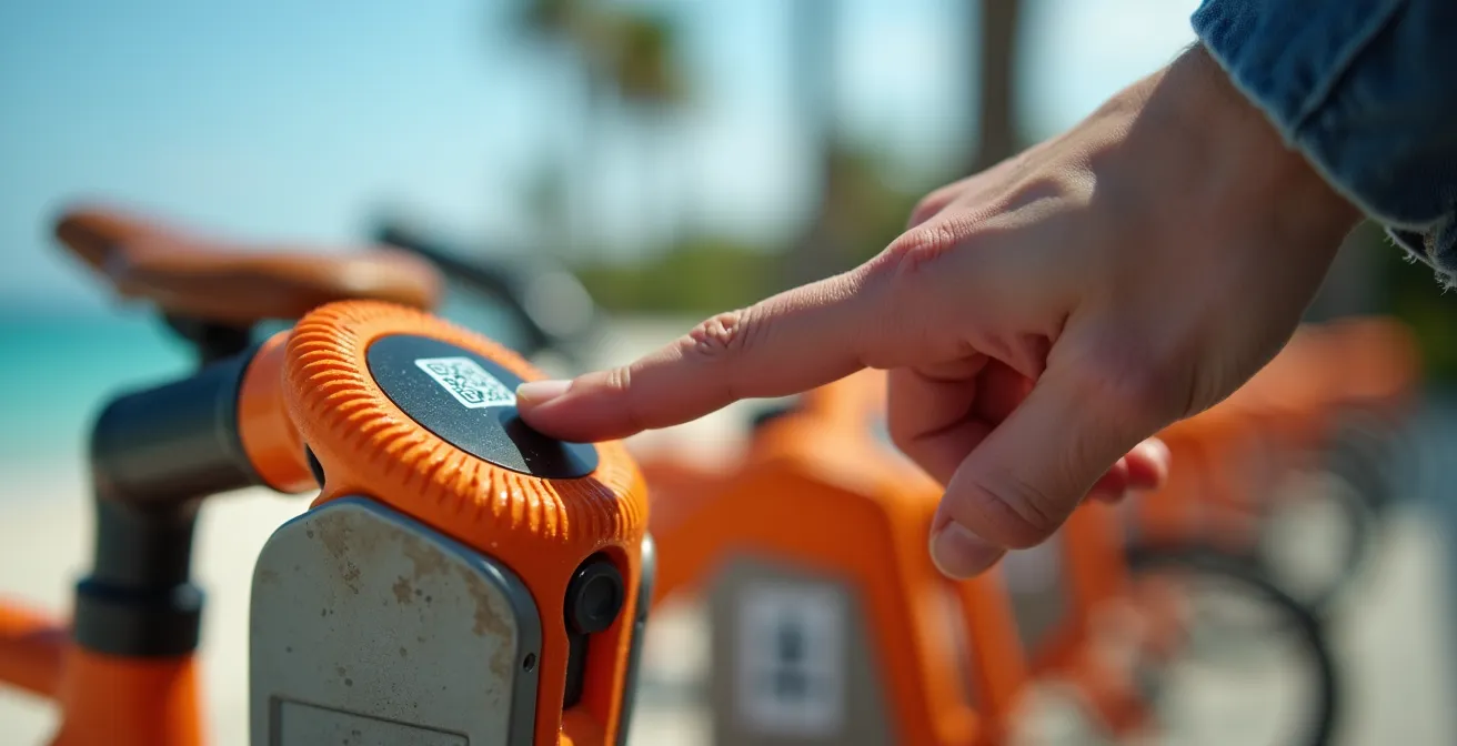 Bike Itaú Station an der Strandpromenade von Ipanema mit orangefarbenen Leihfahrrädern