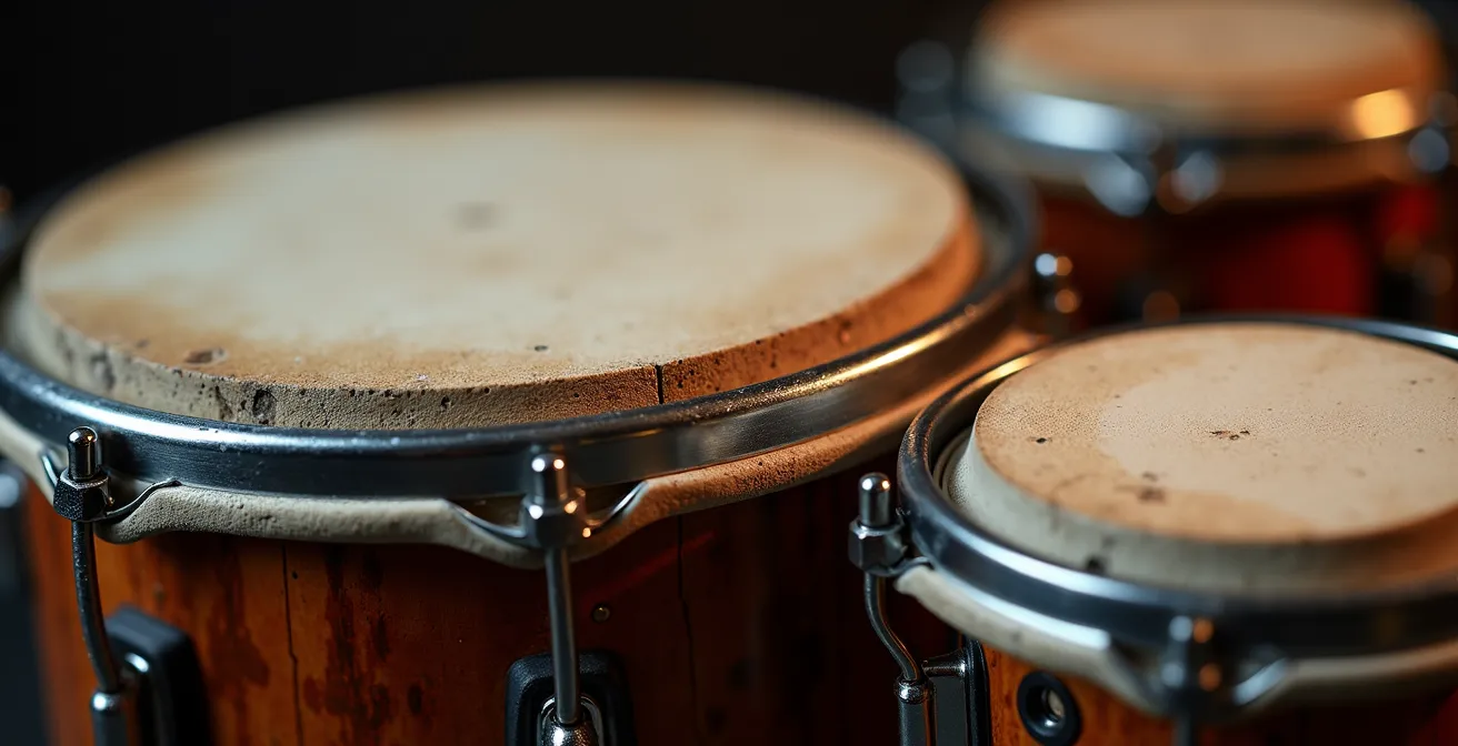 Nahaufnahme verschiedener brasilianischer Trommeln mit sichtbaren Texturen und Materialunterschieden