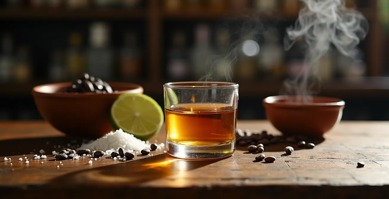 Artisanaler Cachaça in traditionellem Glas neben Feijoada-Resten