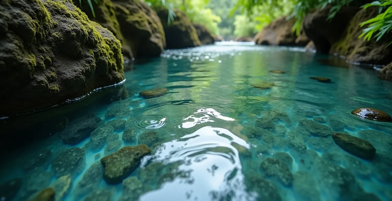 Natürliches Wasserfallbecken mit klarem Wasser umgeben von tropischer Vegetation