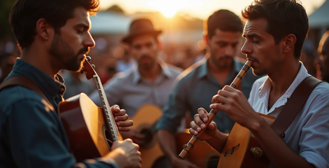 Straßenmusiker spielen traditionelle brasilianische Instrumente im Kreis am Largo dos Guimarães