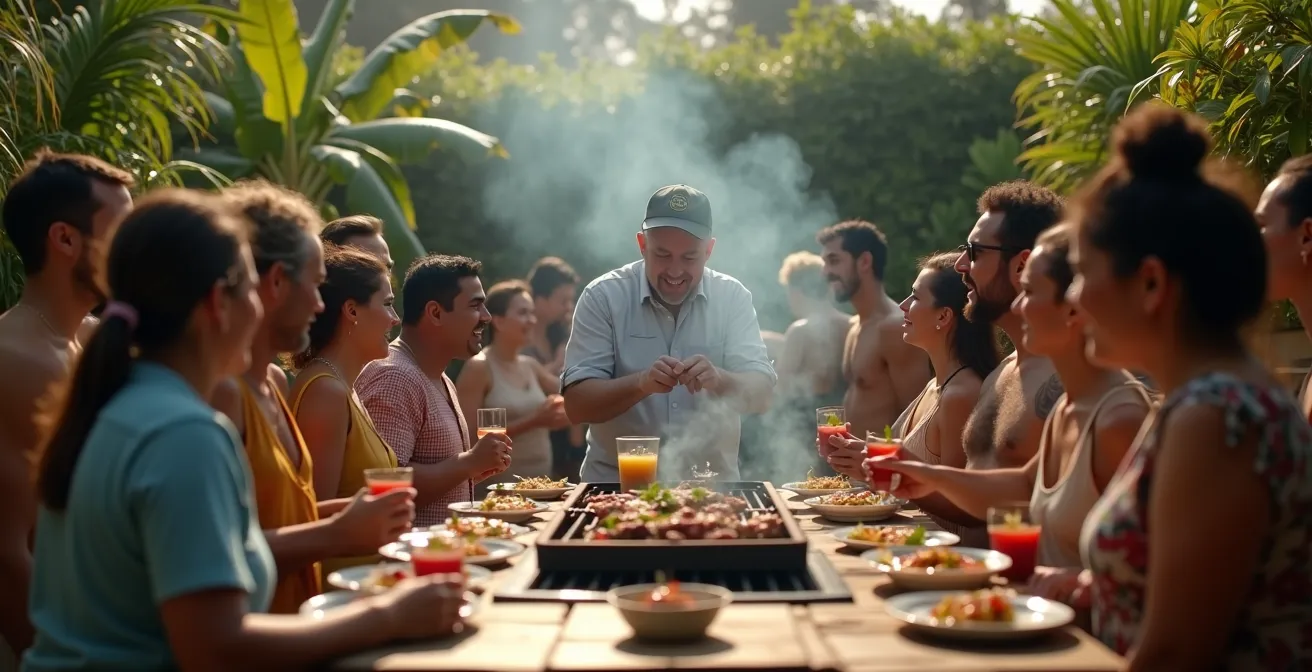 Brasilianisches Churrasco mit stehenden Gästen, die sich um den Grillmeister versammeln