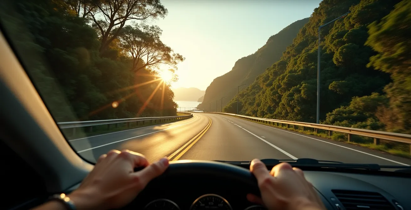 Kurvenreiche Küstenstraße BR-101 zwischen Bergen und Meer bei Tageslicht