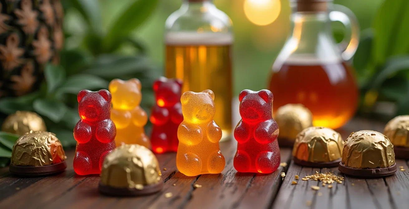 Arrangement aus deutschen Produkten wie Bier und Haribo als Gastgeschenk für eine brasilianische Party