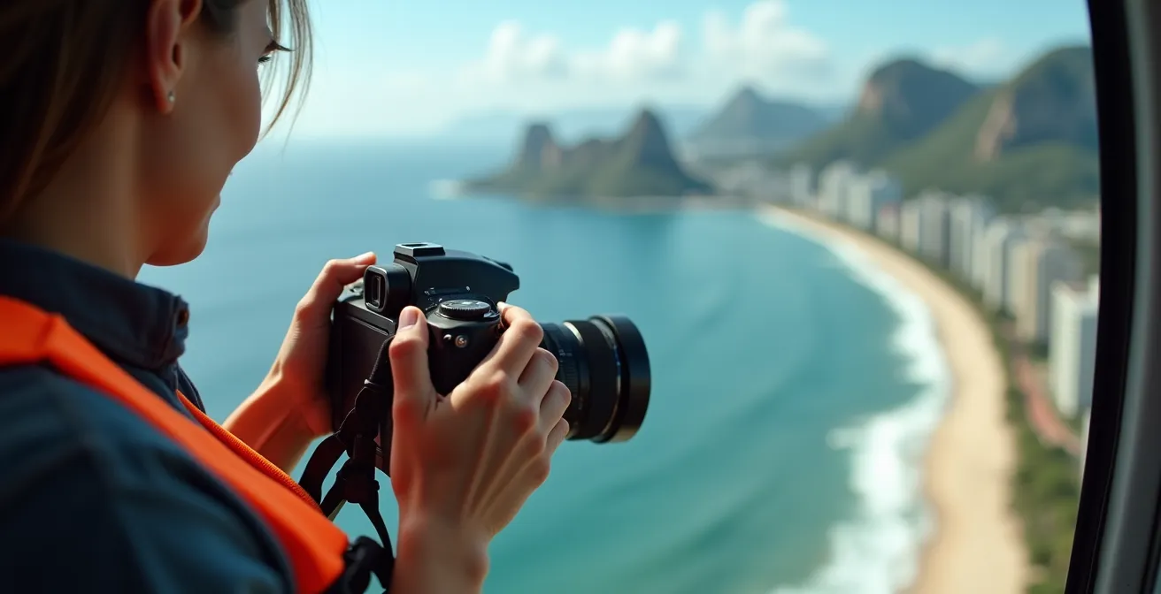 Fotograf mit Kamera im Doors-Off Helikopter über Rio de Janeiro