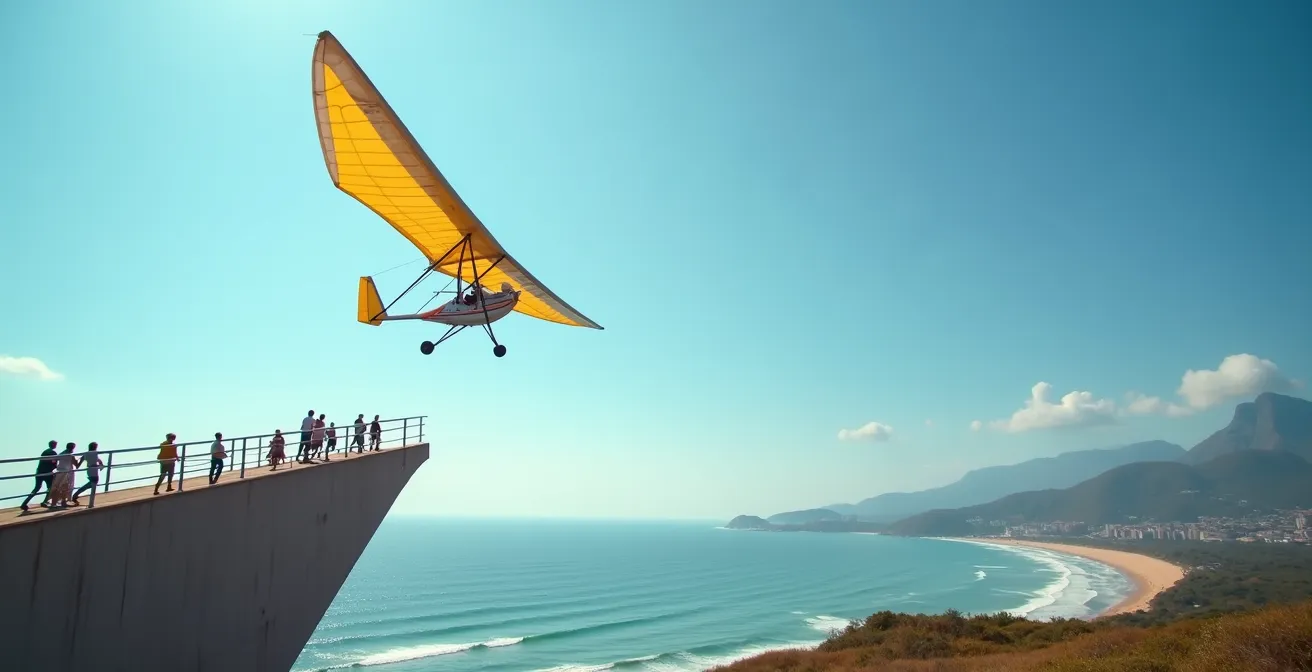 Ein Drachenflieger startet von der Rampe am Pedra Bonita, während Zuschauer beobachten