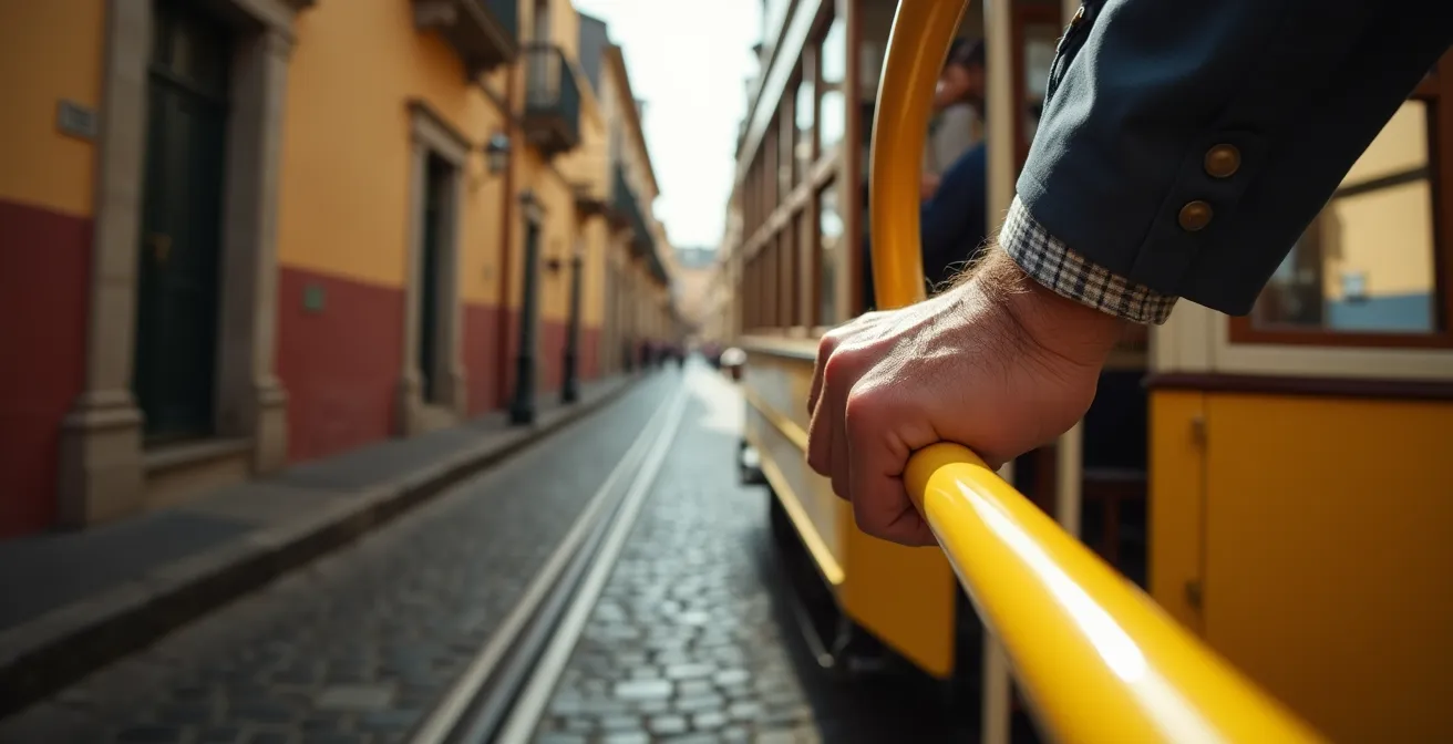 Nahaufnahme der gelben Straßenbahn in einer engen Gasse von Santa Teresa mit Steinmauern beidseitig