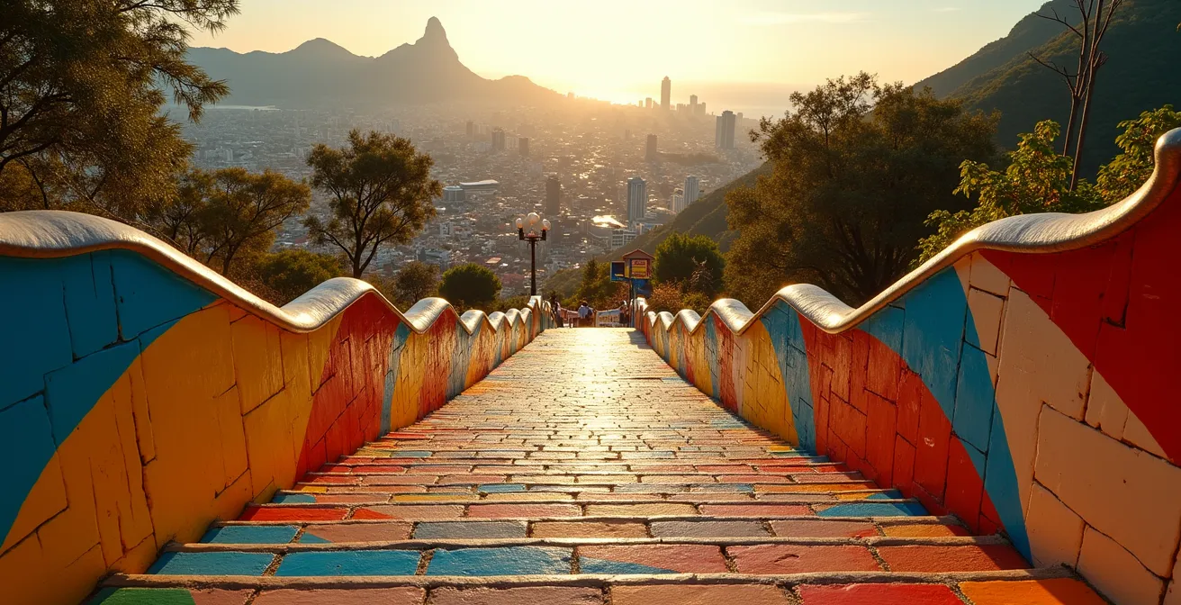 Weitwinkelaufnahme der bunten Fliesentreppe Escadaria Selarón von oben mit Rio's Skyline im Hintergrund