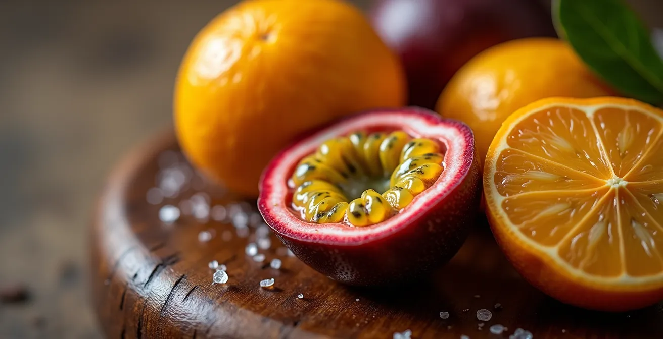 Makroaufnahme von frischen Maracujá und Cajú Früchten für Caipirinha