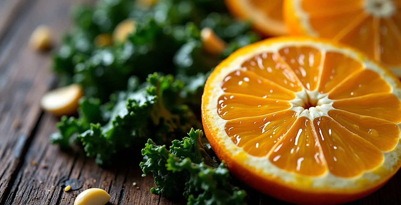 Traditionelle Feijoada-Beilagen mit Orangenscheiben und sautiertem Grünkohl