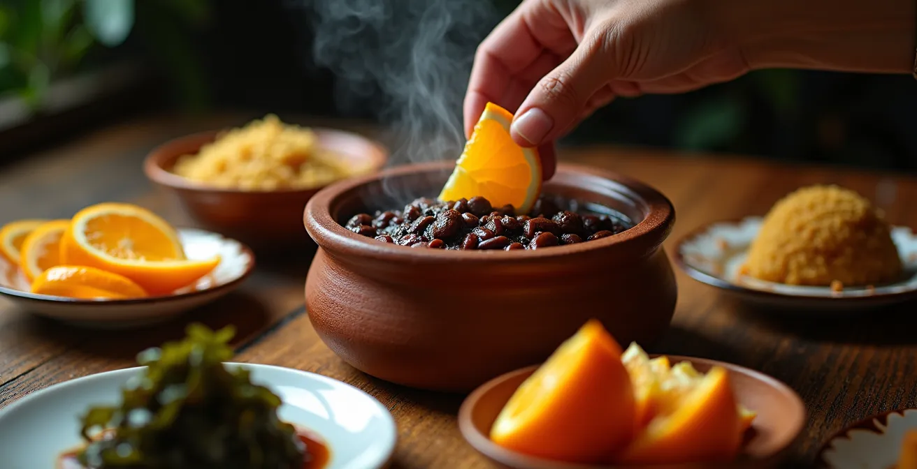 Traditionelle Feijoada mit Orangenscheiben und gedünstetem Grünkohl