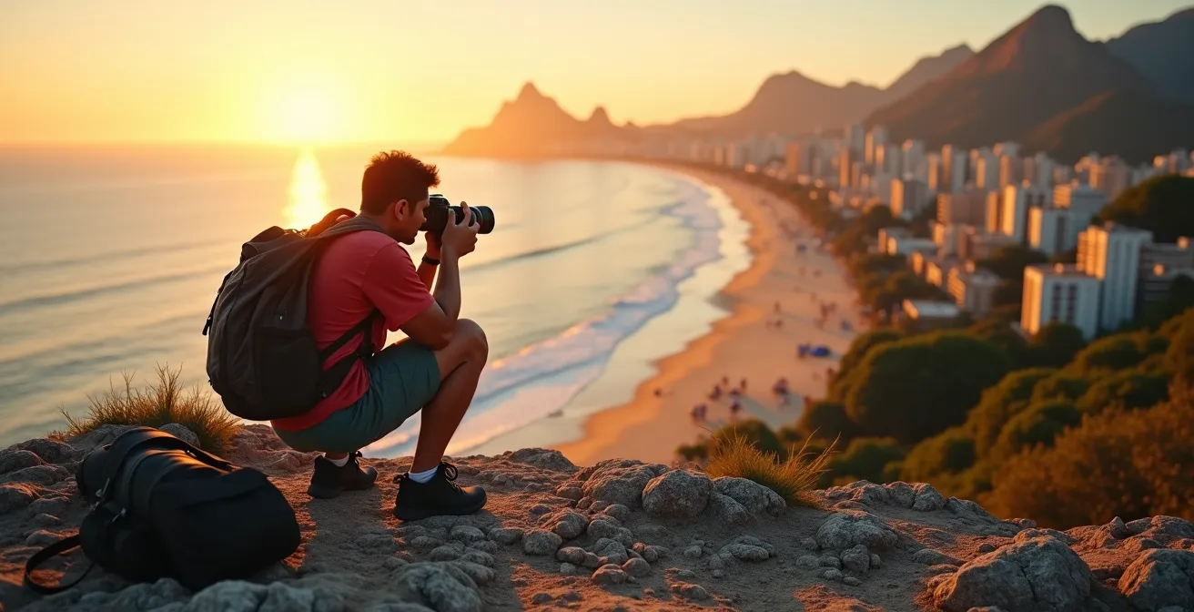 Fotografin mit Kamera beim Sonnenaufgang auf dem Gipfel der Dois Irmãos mit Panoramablick auf Rio