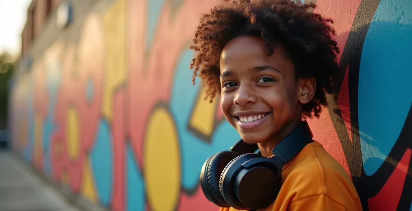 Jugendliche mit Kopfhörern vor bunter Favela-Wandmalerei im goldenen Abendlicht