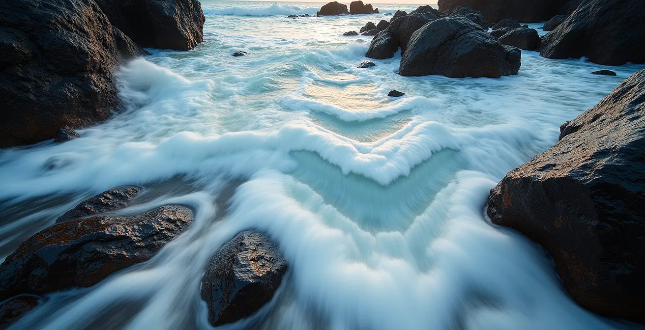 Dramatische Wellen brechen an den Felsen von Arpoador mit sichtbarer Strömung