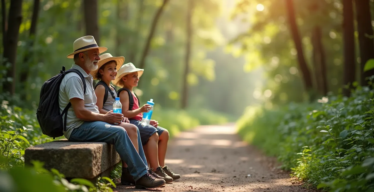 Großeltern mit Enkelkindern machen eine Pause auf dem schattigen Waldweg zum Pedra Bonita