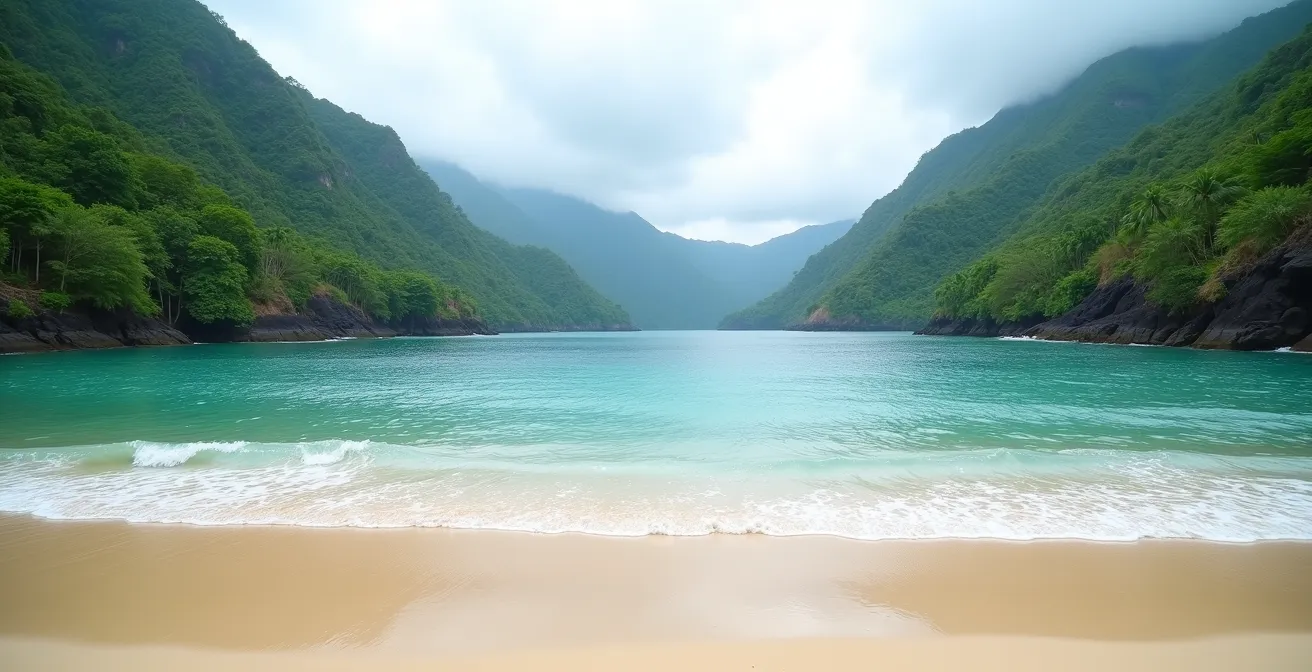 Unberührter Strand mit kristallklarem Wasser umgeben von grünen Bergen und tropischem Regenwald