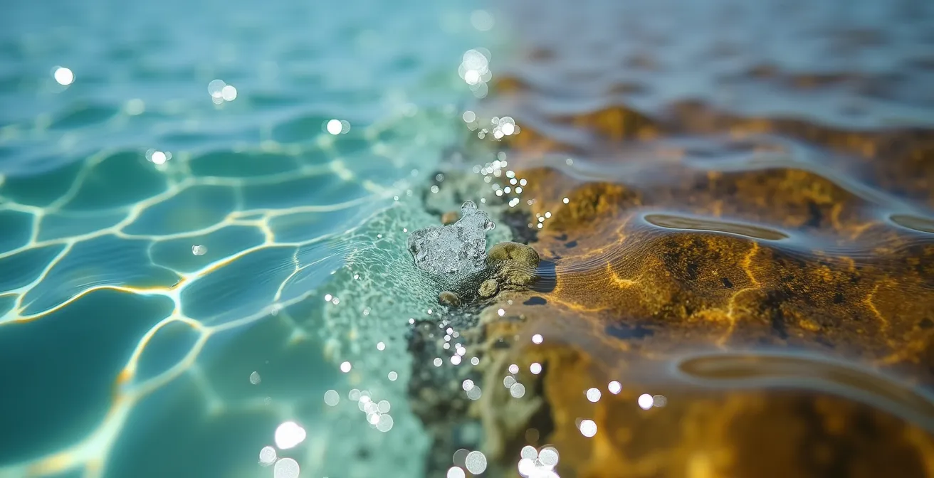 Makroaufnahme von Wasseroberfläche der Guanabara-Bucht mit sichtbaren Partikeln