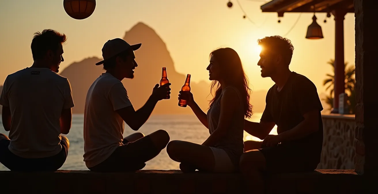 Menschen genießen Bier an der Mureta der Bar Urca bei Sonnenuntergang mit Blick auf die Guanabara-Bucht