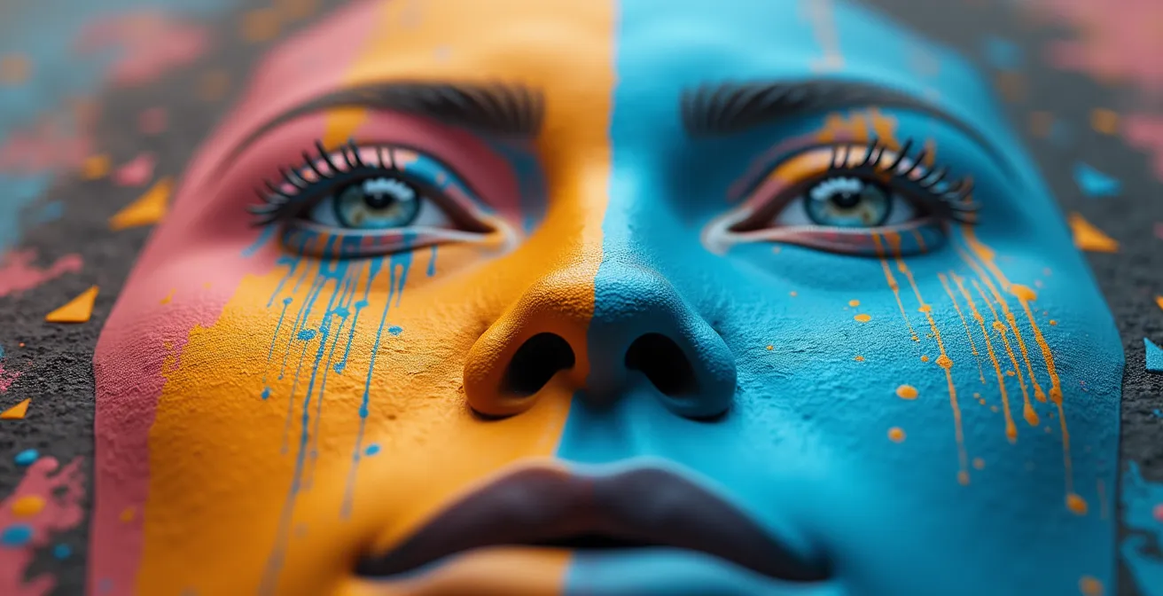 Nahaufnahme bunter geometrischer Dreiecke und Quadrate die ein fotorealistisches Gesicht formen