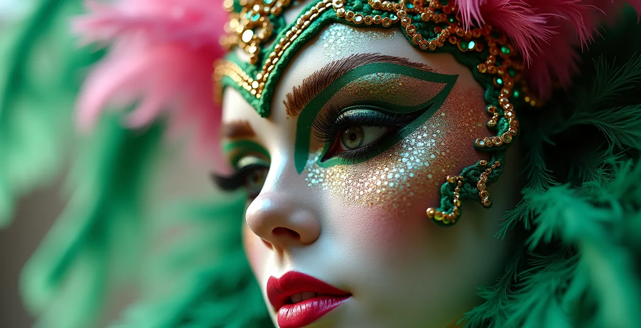 Nahaufnahme von glitzernden Karnevalskostüm-Details mit Federn und Pailletten