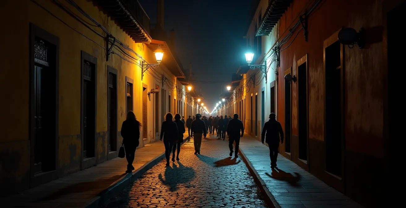 Belebte Hauptstraße in Lapa bei Nacht mit Straßenlaternen und Menschen