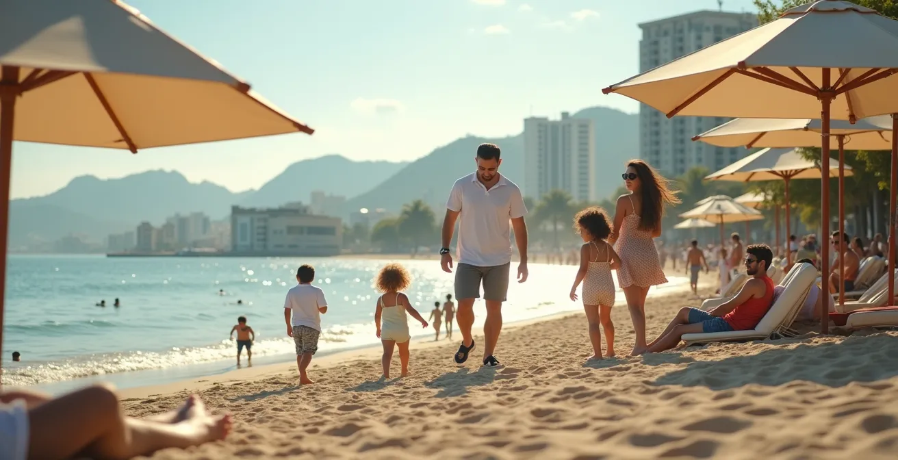 Ruhiger Familienstrand in Leblon mit spielenden Kindern und entspannter Atmosphäre