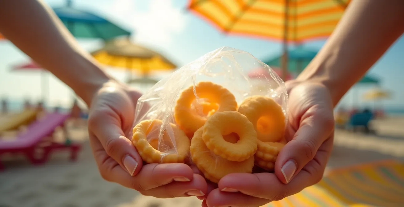Eine Hand hält eine transparente Tüte mit goldenen, ringförmigen Maniok-Keksen vor dem unscharfen Hintergrund des Strandes von Rio de Janeiro.
