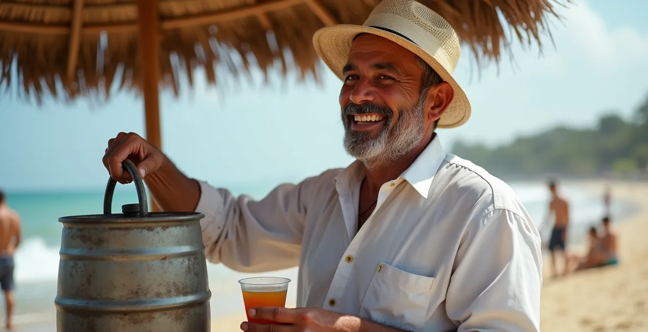 Traditioneller Mate-Tee-Verkäufer am Strand von Rio de Janeiro mit charakteristischem Metallfass