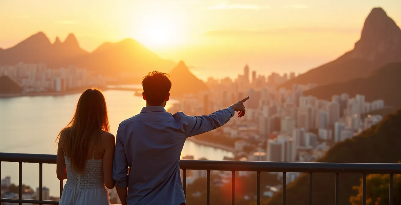 Panoramablick vom Mirante Dona Marta bei Sonnenuntergang über Rio