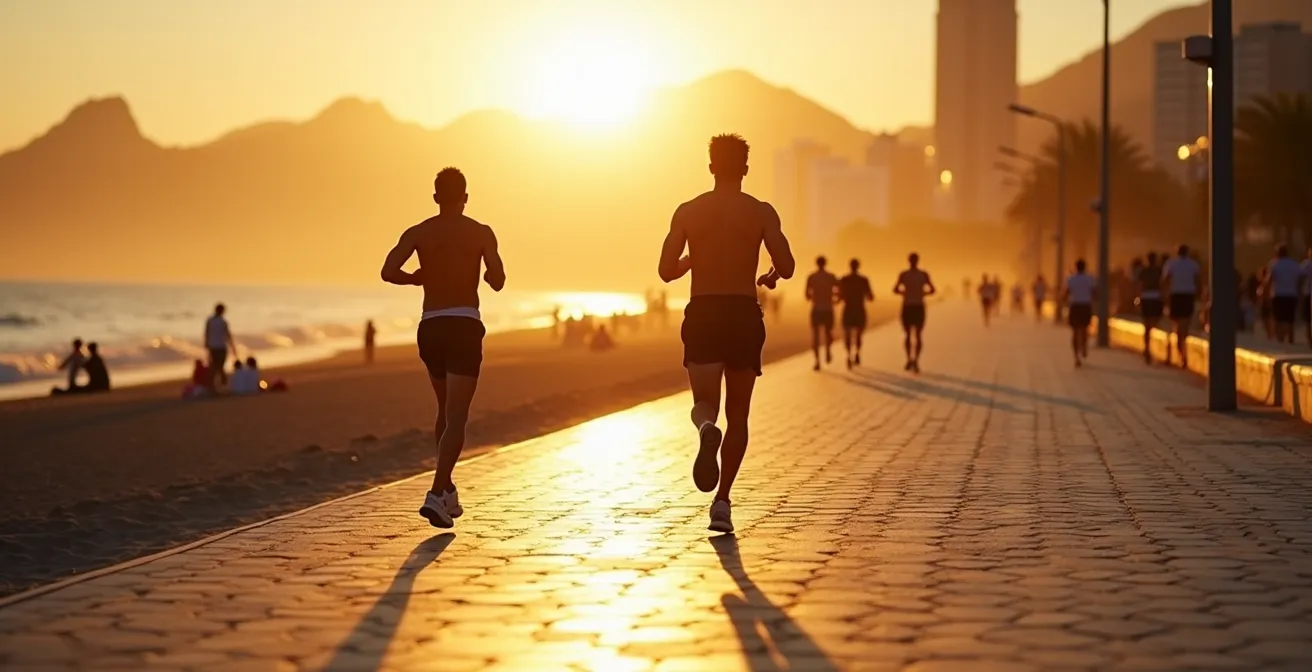 Läufer bei Sonnenaufgang auf der leeren Strandpromenade von Copacabana mit dem ikonischen Wellenmuster.