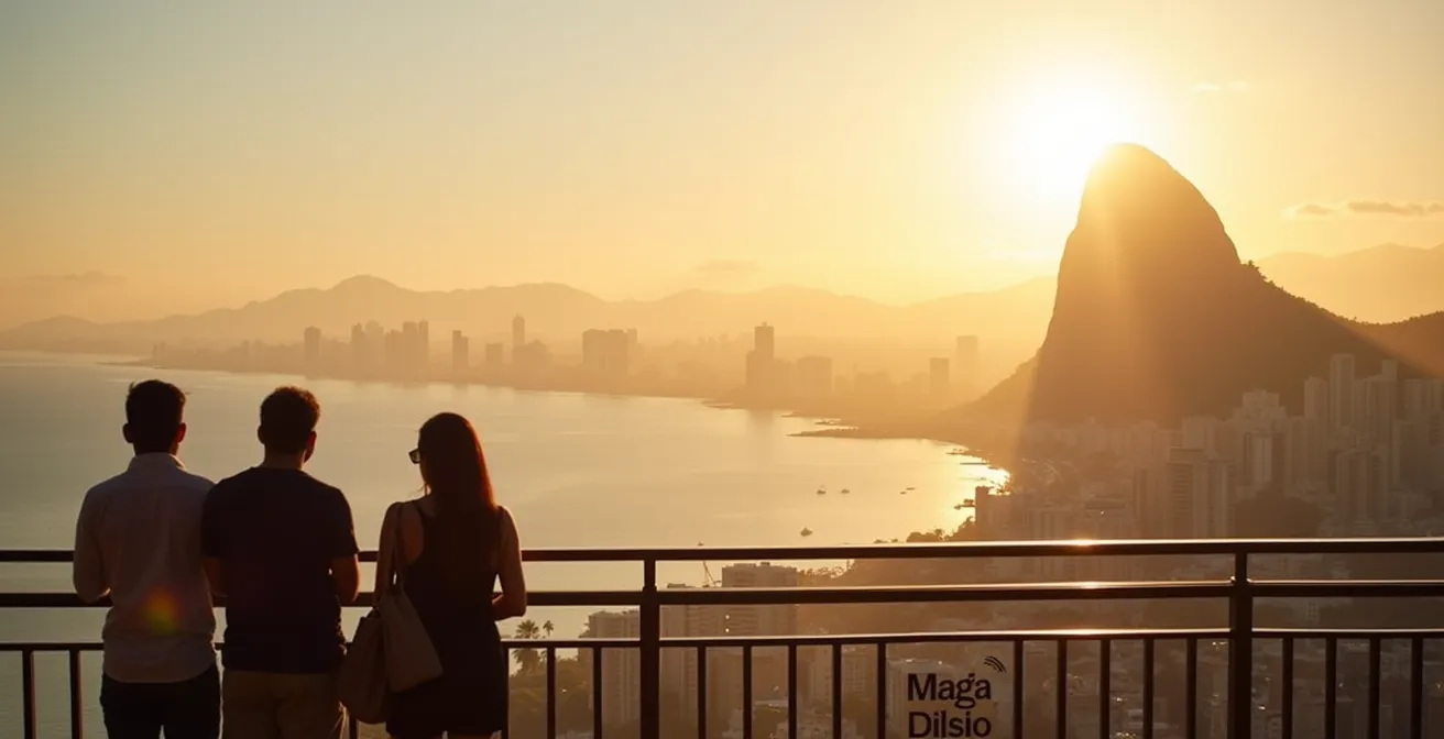 Spektakulärer Panoramablick auf den Zuckerhut vom Botafogo Praia Shopping bei Sonnenuntergang