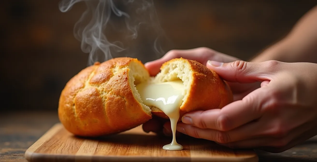 Frisch gebrochenes Pão de Queijo zeigt die elastische, ziehende Käsetextur im Inneren