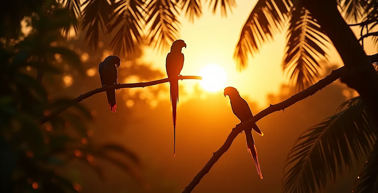 Silhouetten von Papageien in Baumwipfeln bei goldenem Morgenlicht im Tijuca-Wald