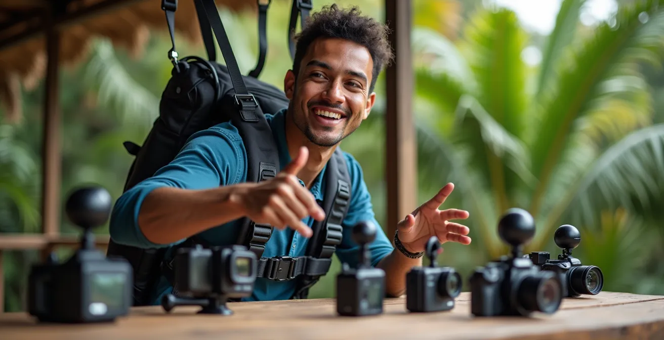 Tandempilot präsentiert verschiedene Kameraoptionen auf einem Tisch vor dem Flug