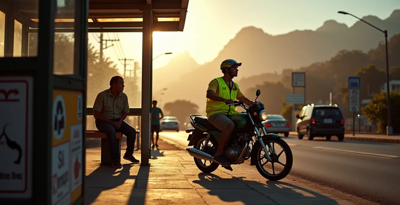 Bushaltestelle Praça Afonso Viseu mit wartenden Mototaxis im Hintergrund des Tijuca-Waldes