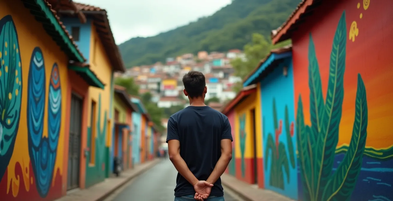 Tourist betrachtet bunte Wandmalerei in einer Favela-Gasse ohne Menschen zu fotografieren