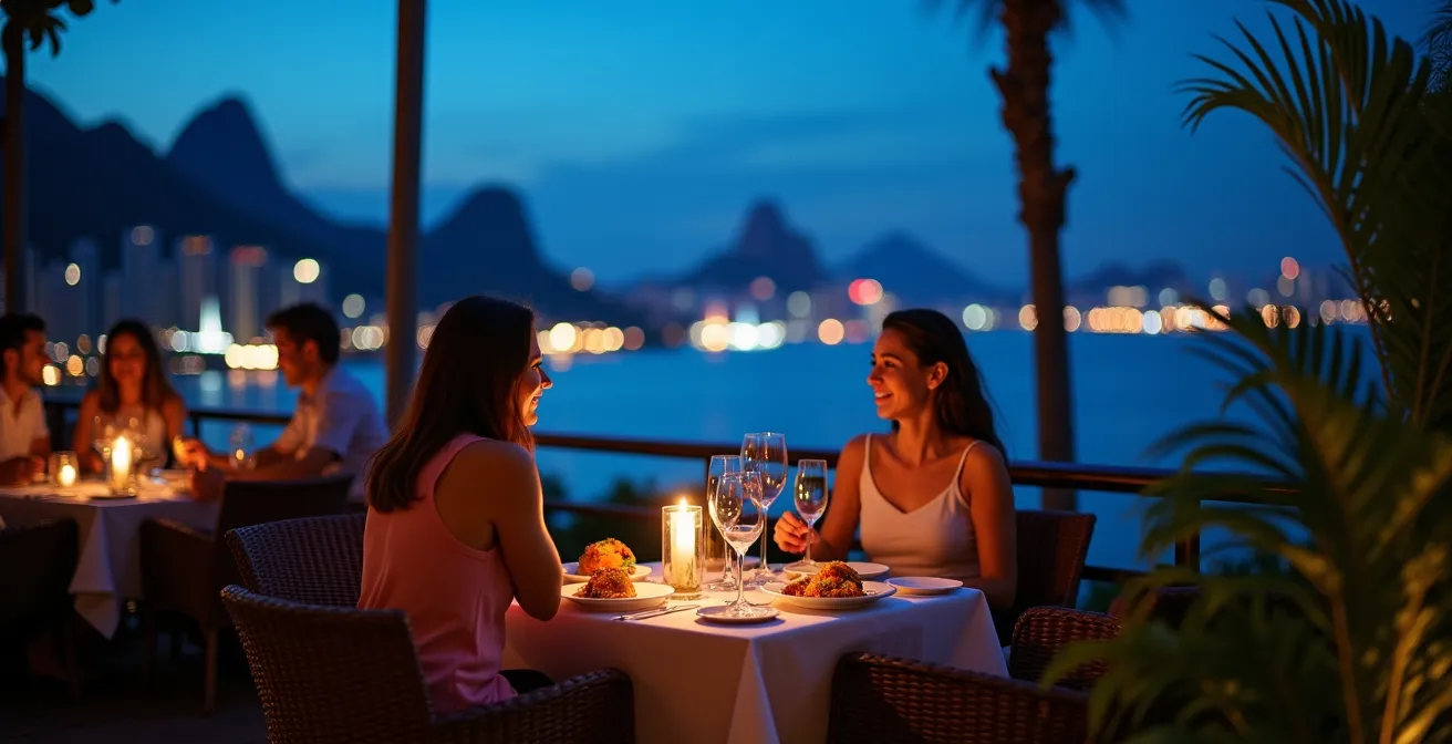 Restaurantterrasse mit Blick über die Bucht auf Rios beleuchtete Skyline in der Abenddämmerung