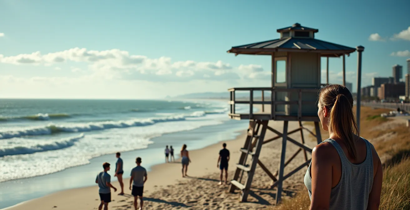 Rettungsschwimmerturm mit Blick auf bewegte Wellen und Strandbesucher aus sicherer Entfernung