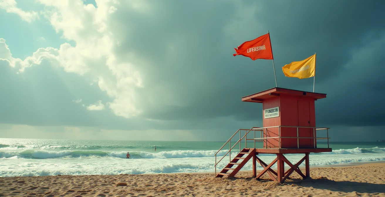 Rettungsschwimmerturm mit verschiedenfarbigen Flaggen am Strand von Copacabana, die vor den Gefahren des Meeres warnen.