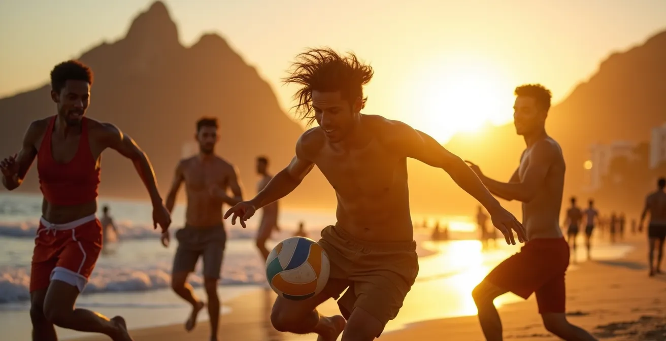Menschen spielen bei Sonnenuntergang am Strand von Ipanema, was den idealen Zeitpunkt für Aktivitäten verdeutlicht.