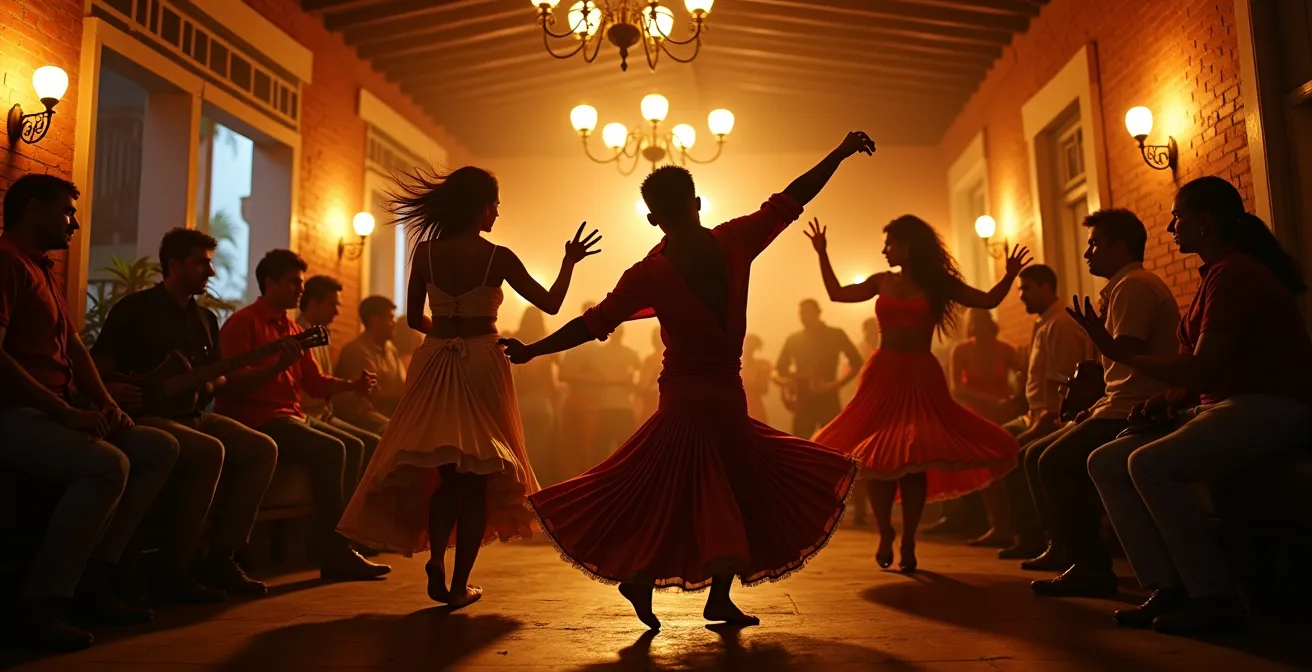 Atmosphärische Innenansicht eines brasilianischen Samba-Clubs mit Tänzern und historischem Dekor