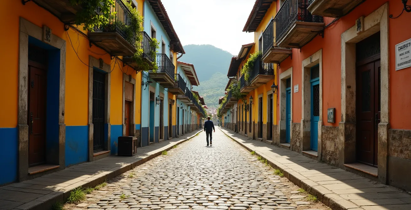 Malerische Straße in Santa Teresa mit bunten kolonialen Häusern und Kopfsteinpflaster