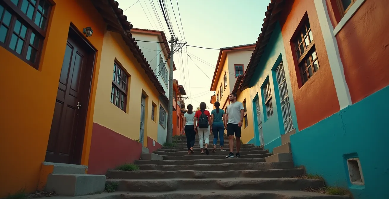Touristengruppe mit lokalem Guide vor einem Baile Funk Eingang in einer Favela