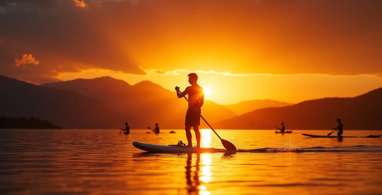 Silhouette eines Stand-Up-Paddlers vor goldenem Sonnenuntergang am Arpoador